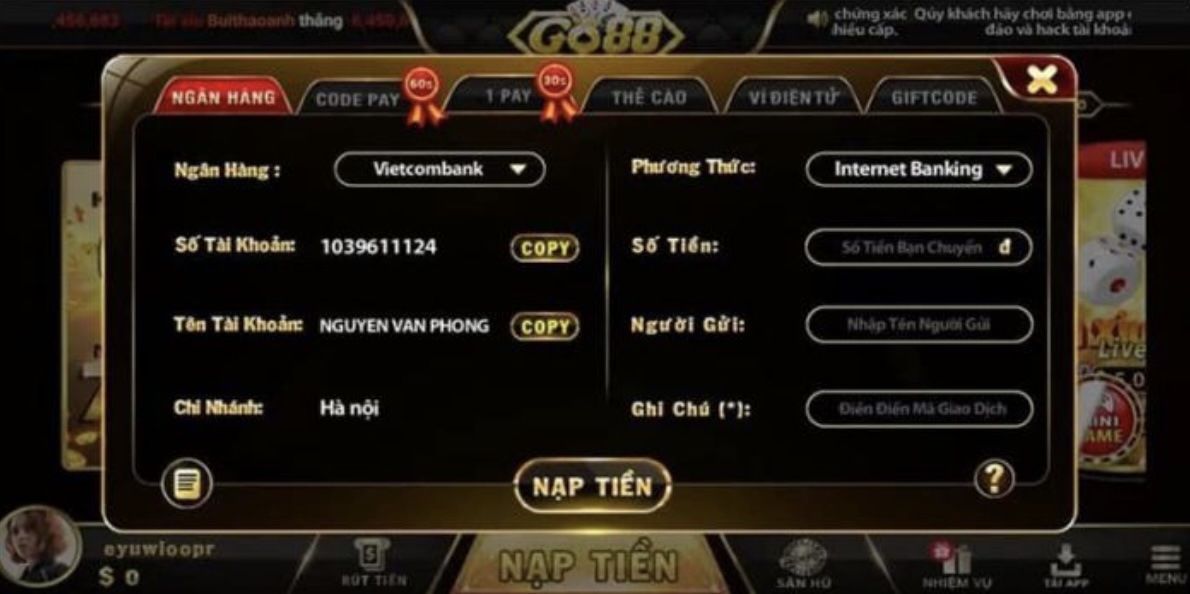 Hướng dẫn Go88 cách nạp rút tiền chính xác