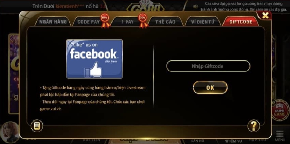 Hướng dẫn nạp Giftcode Go88 quy đổi thành tiền cược