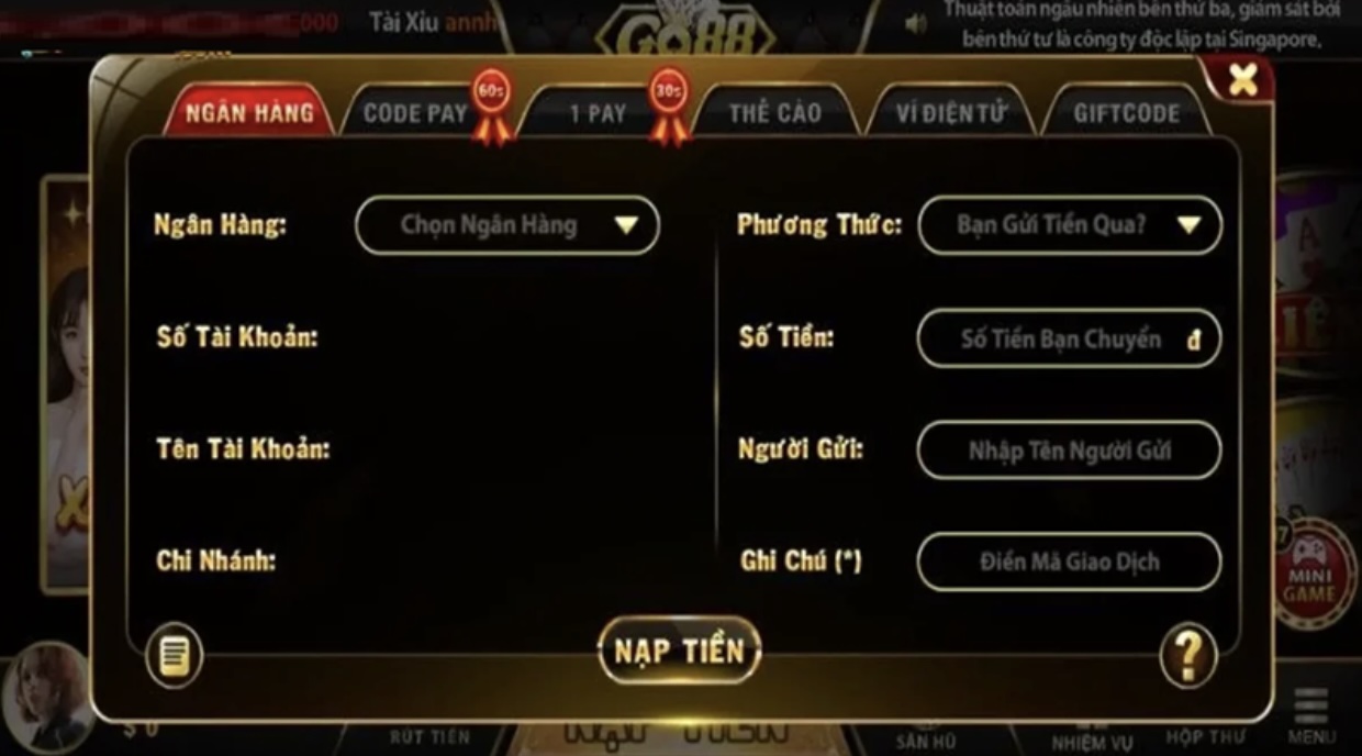 Hướng dẫn nạp tiền nhận khuyến mãi Go88